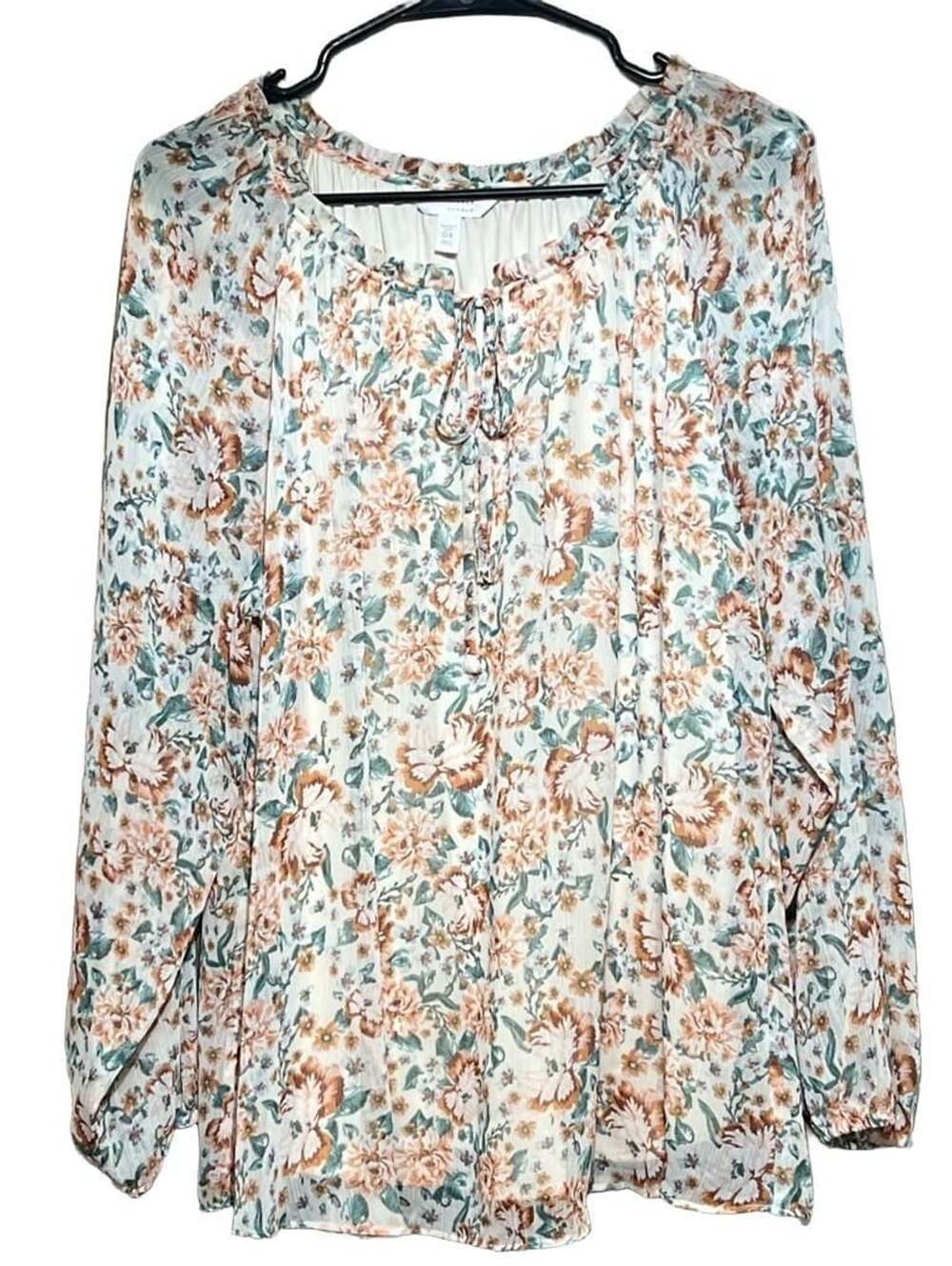 LC Lauren Conrad Blouse Size 0X Floral Tie Front Long Sleeve Lined